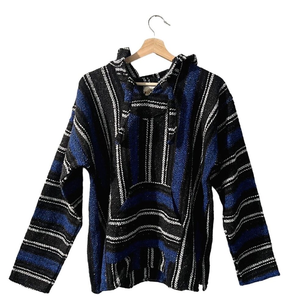 Earth Ragz Baja Pullover Hoodie Size Medium Unisex Kangaroo Pocket Tunic Striped
